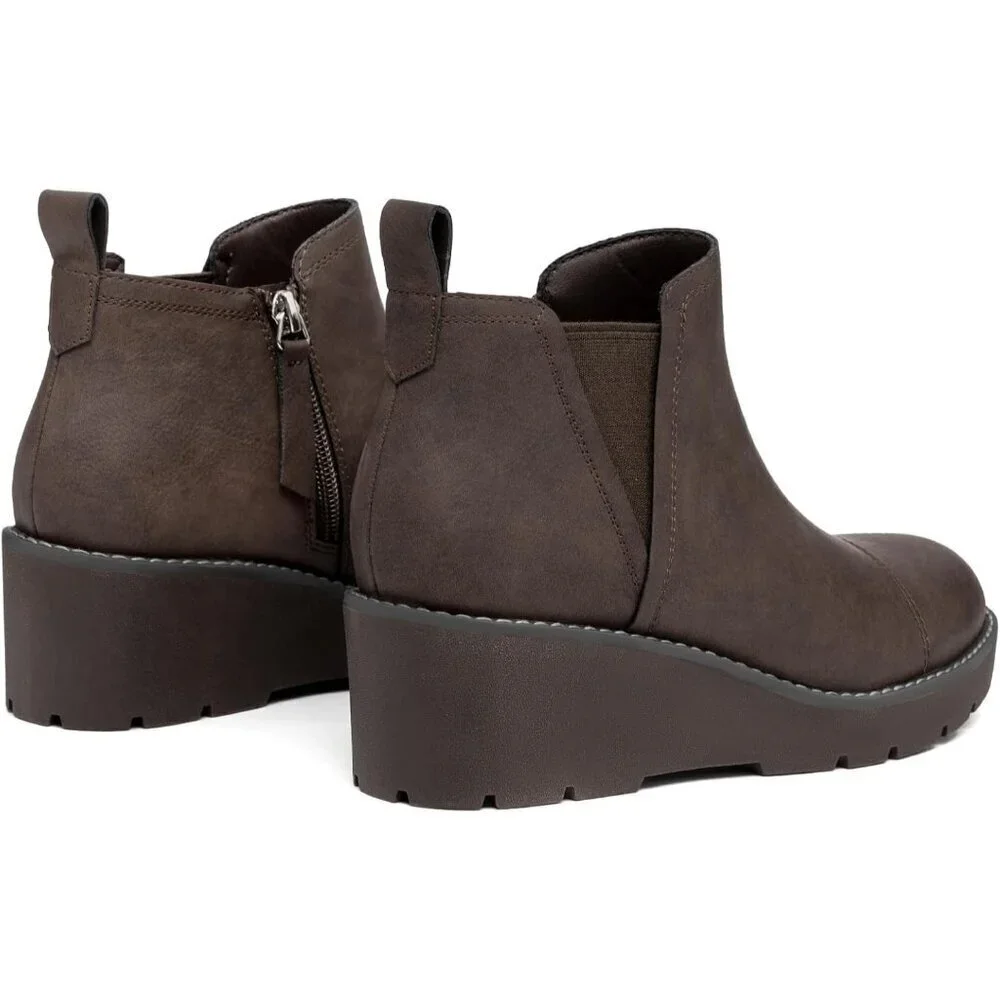 Women's Dark Brown Wedge Chelsea Boots Lug Sole Platform Ankle Booties Zipper